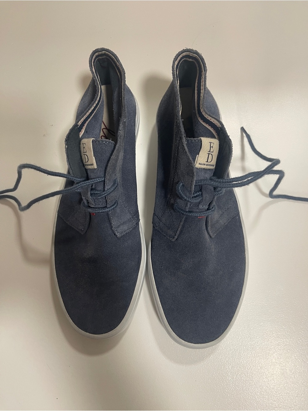 Ellen Degeneres Steel Blue Suede Lace-Up Women's Chukka Booties with White Sole